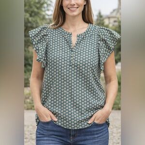 Nautica Blue Floral Blouse with Ruffle Sleeves